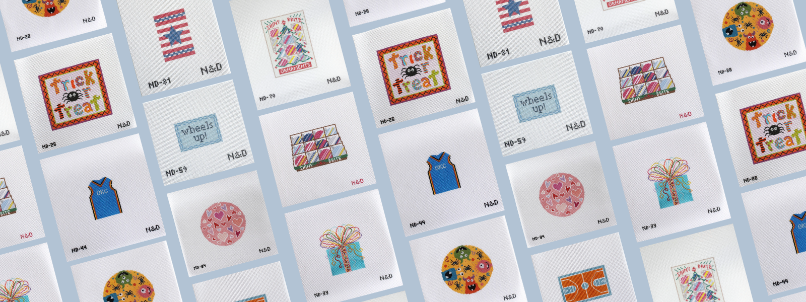 Grid of Nash & Daughters N&D Needlepoint Canvases
