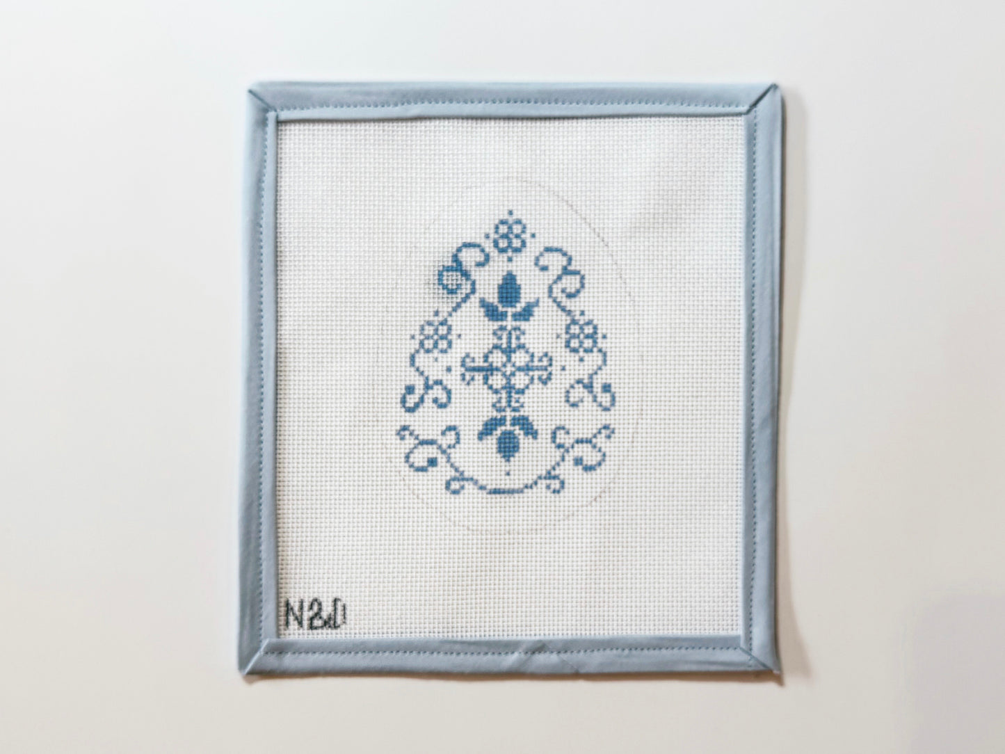 Blue Damask Swirl Egg Needlepoint Canvas