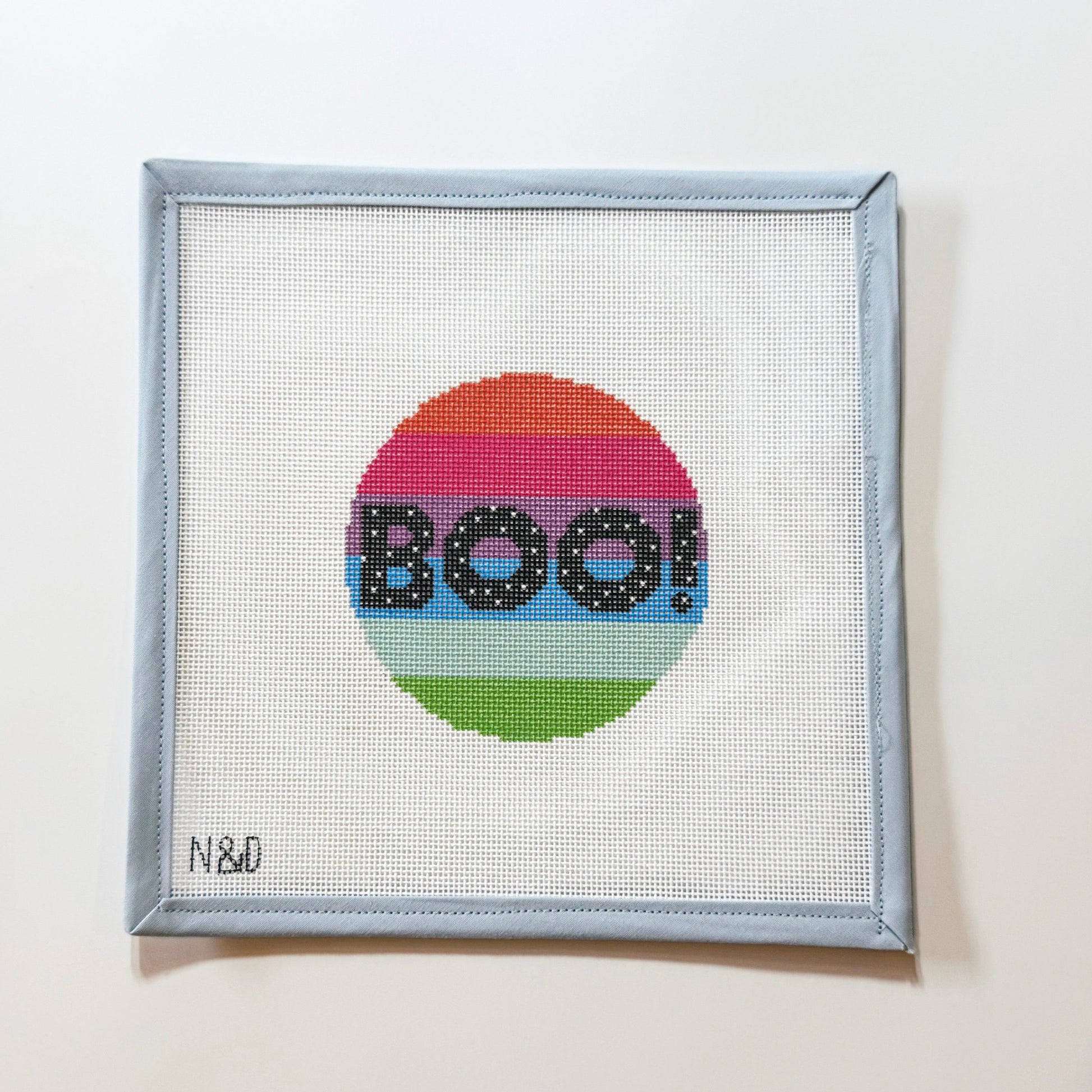 Colorful BOO! with stripes needlepoint canvas