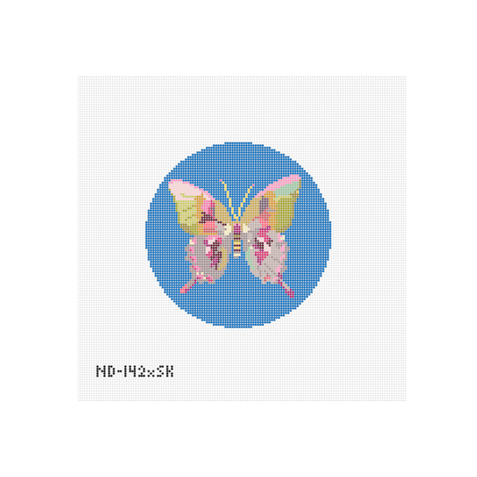 Gold & Green Butterfly on Blue - Round Needlepoint Canvas - Wholesale