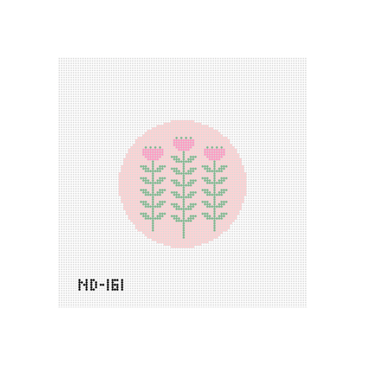 Pink & Green Block Print Flower A - Round Needlepoint Canvas