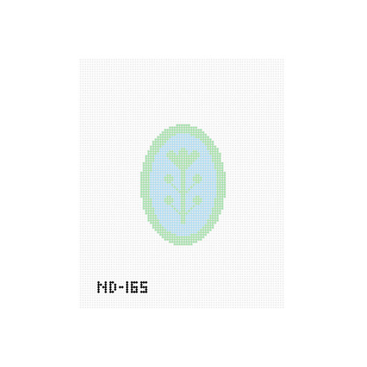 Blue & Green Block Print Flower B - Oval Needlepoint Canvas