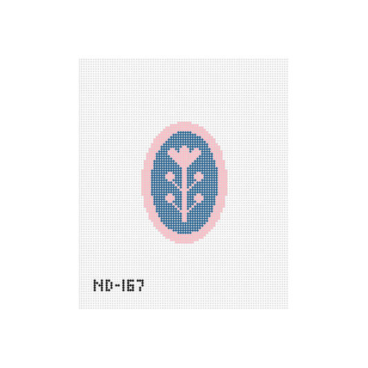 Navy & Pink Block Print Flower B - Oval Needlepoint Canvas