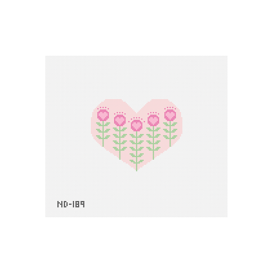 Block Print Pink Heart with Flowers Needlepoint Canvas