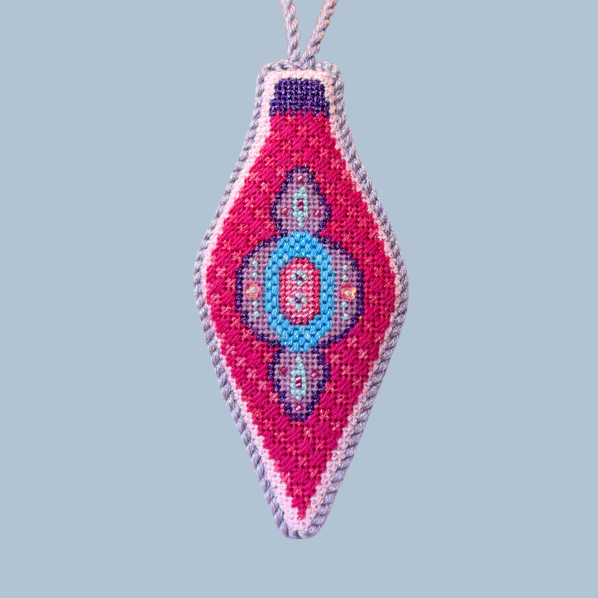 Mid Century Mod Ornament - Long Pink & Purple Needlepoint Canvas - Wholesale