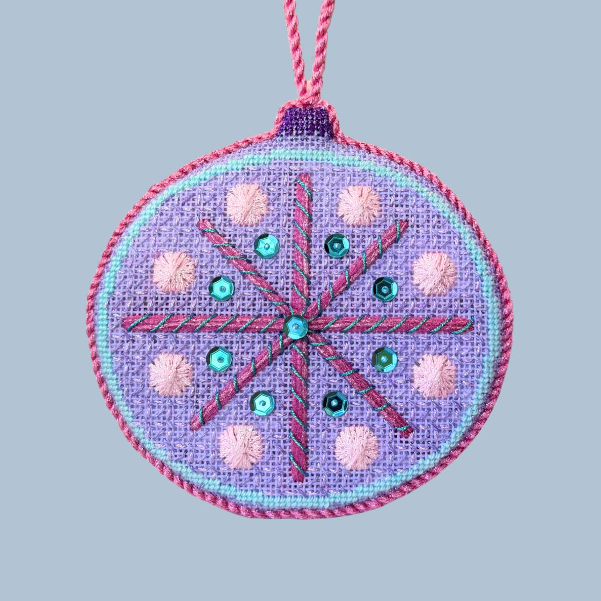Mid Century Mod Ornament - Round Purple and Pink Needlepoint Canvas