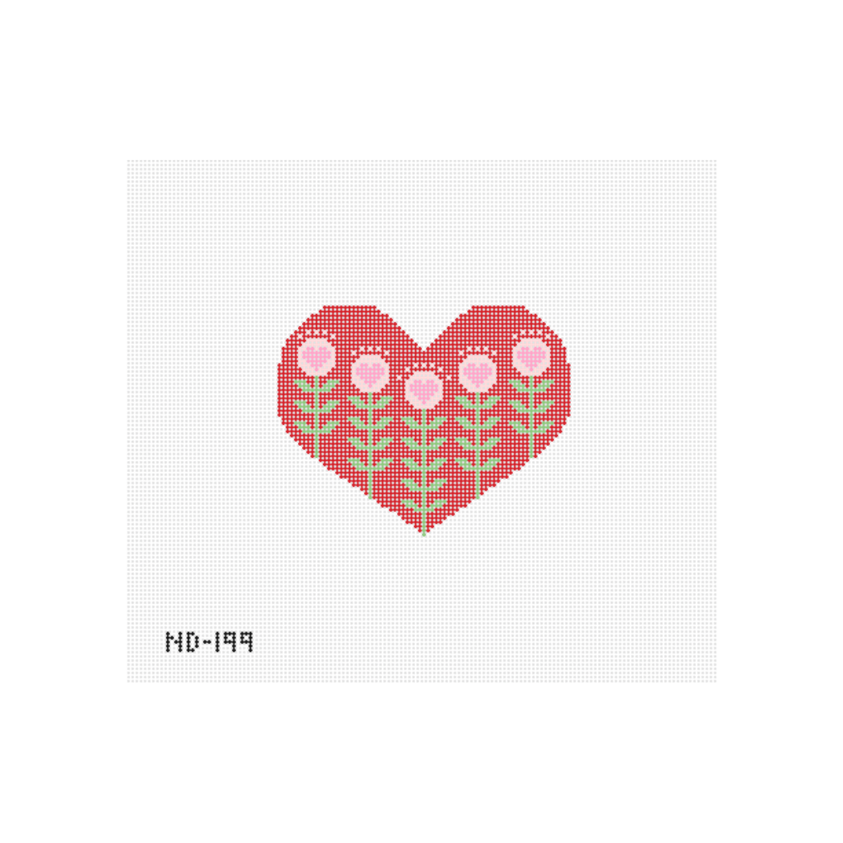 Block Print Red Heart with Flowers Needlepoint Canvas